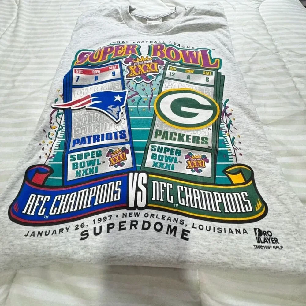 Vintage 1997 Super Bowl xxxi Pro Player xl Patriots Packers NFL Tshirt